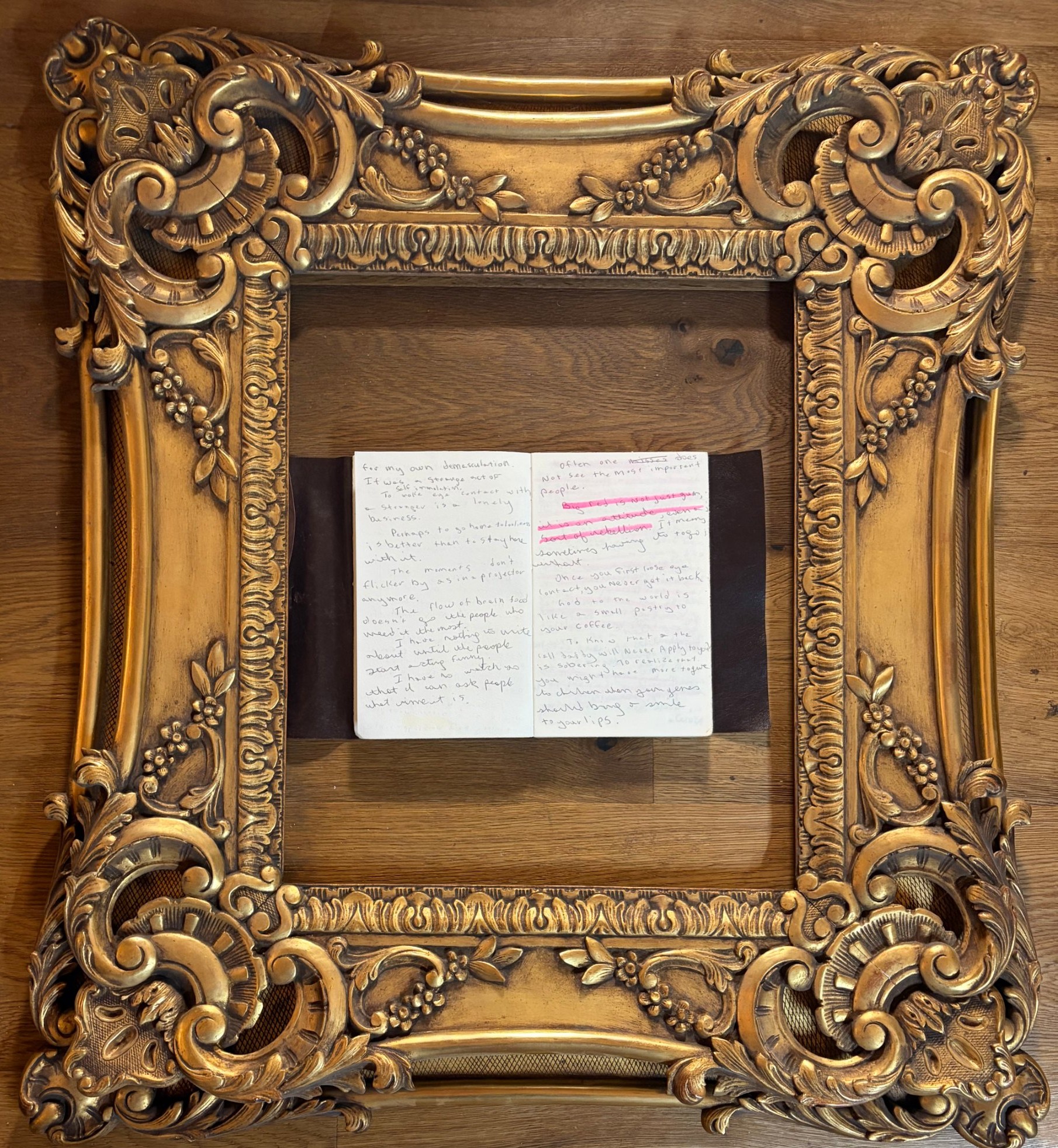 An open handwritten notebook with a pink highlighter stroke on the right page